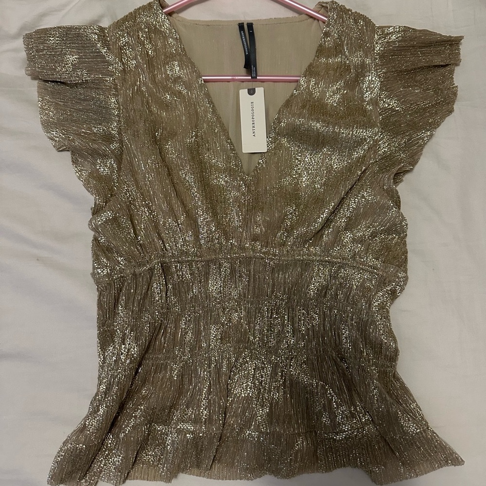 Anthropologie Metallic Gold Pleated Flutter-Sleeve V-Neck Top